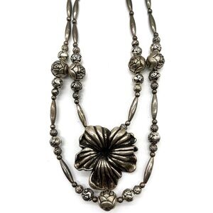 Silver Old Rose Dual Layer Strands with rose silver Colored beads Necklace